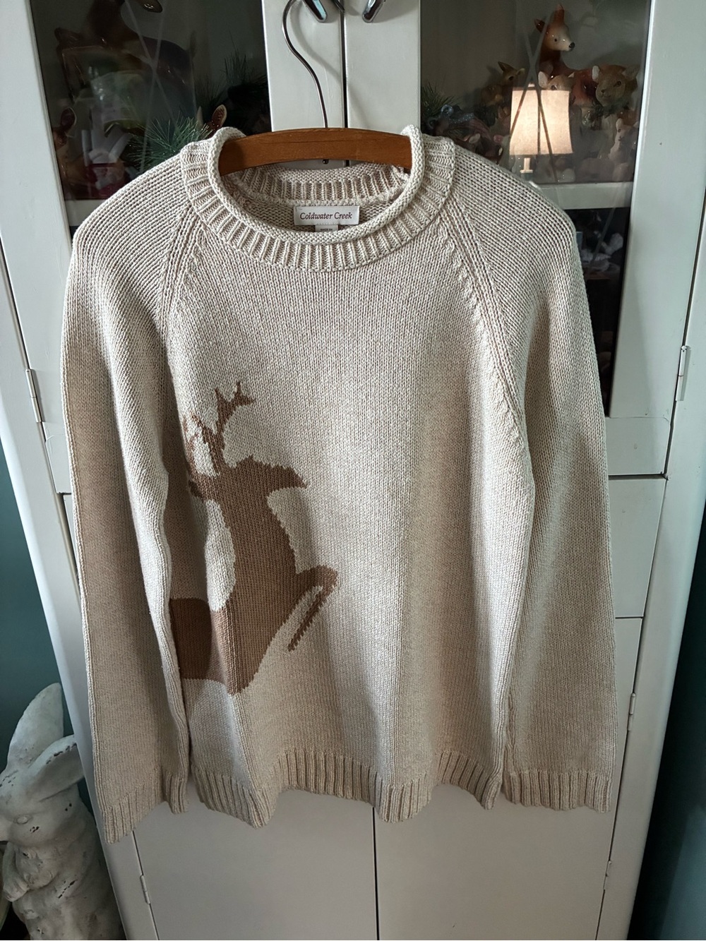 Coldwater Creek sz M 10-12 Cream Deer Intarsia Crewneck Sweater euc